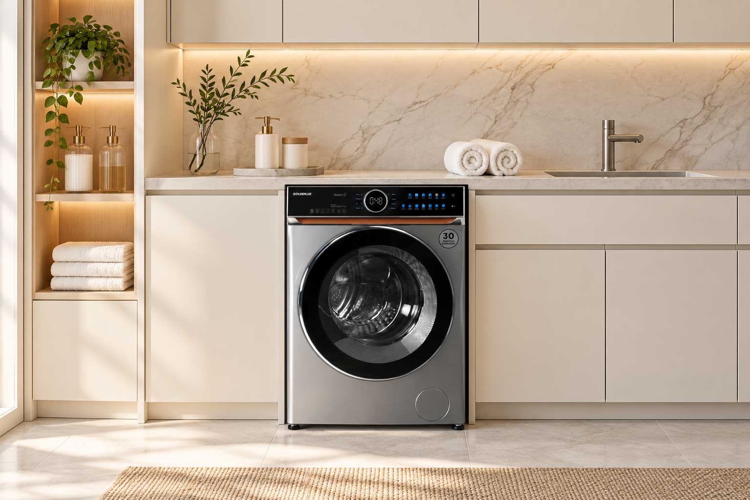 ماشین لباسشویی گلدن‌لوکس زیر کابینت در اتاق شستشوی روشن